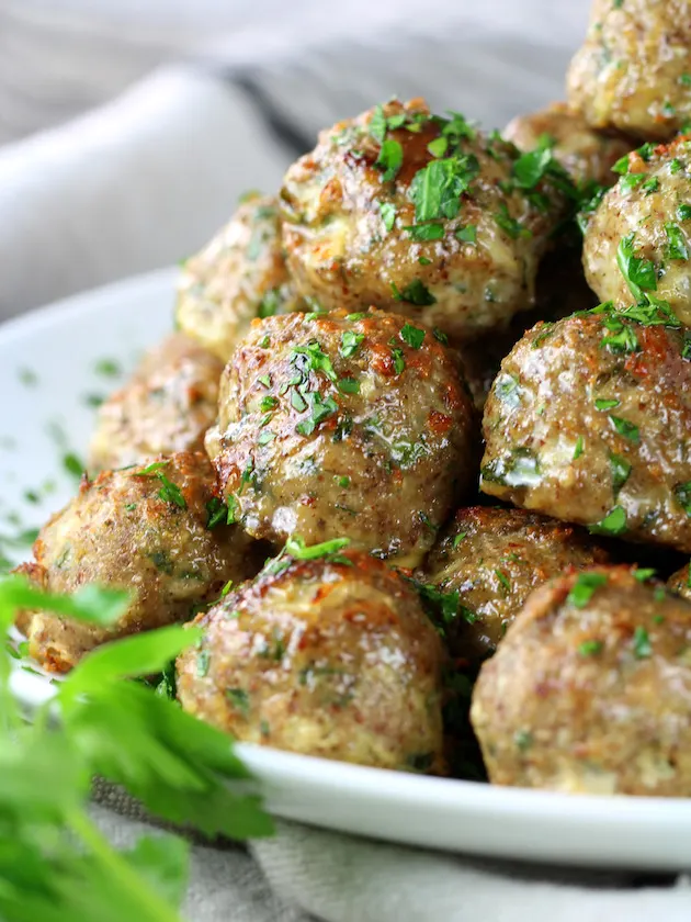 Very close up eye level partial platter of turkey meatballs