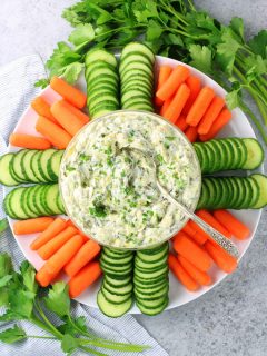 bowl of spinach artichoke dip with veggies
