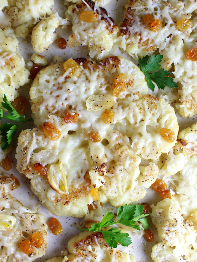 Very close up Roasted Cauliflower with Asiago and Golden Raisins