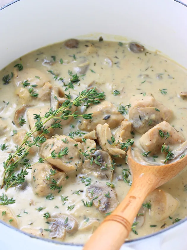 Wooden spoon in white pot of creamy chicken soup with mushrooms