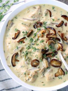 partial bowl of creamy chicken and mushroom soup