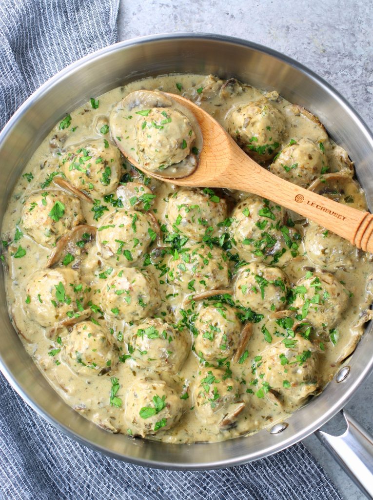 skillet with low carb turkey meatballs in creamy cheesy mushroom sauce