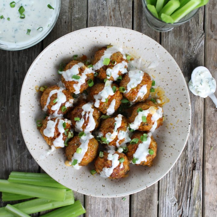 serving dish of low carb buffalo chicken meatballs