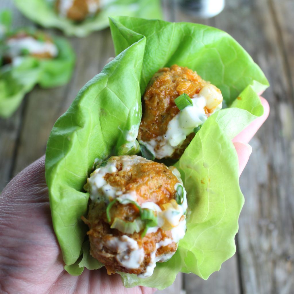 close up lettuce wrap with low carb buffalo chicken meatballs